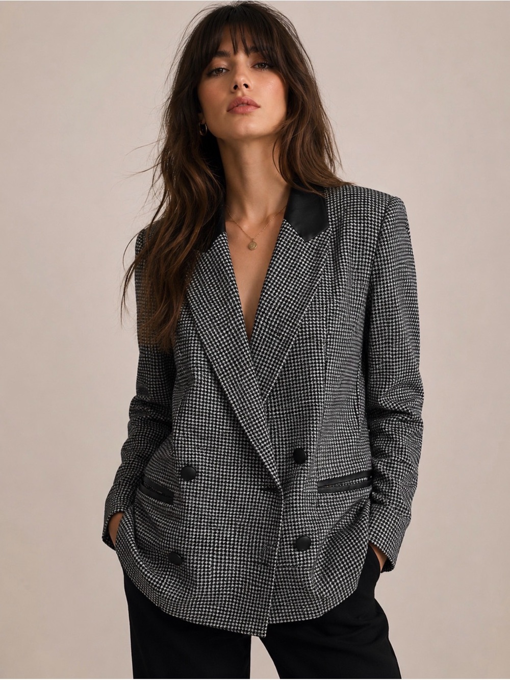 Jeremy Scott Black & White Houndstooth Double-Breasted Leather Trim Blazer